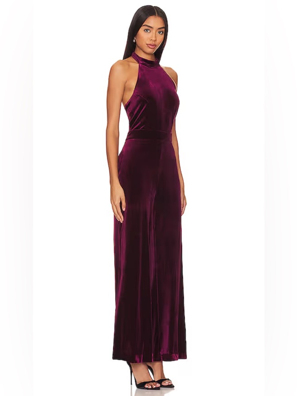 • 1.State Rich Burgundy Mock Neck Halter Velvet Jumpsuit